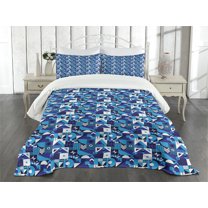 Ambesonne Navy Blue Quilted Bedspread Set 3 Pcs, Contemporary Abstract, King Size, Violet Pale Blue White