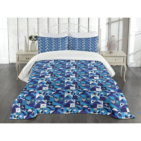 Ambesonne Navy Blue Quilted Bedspread Set 3 Pcs, Contemporary Abstract, King Size, Violet Pale Blue White