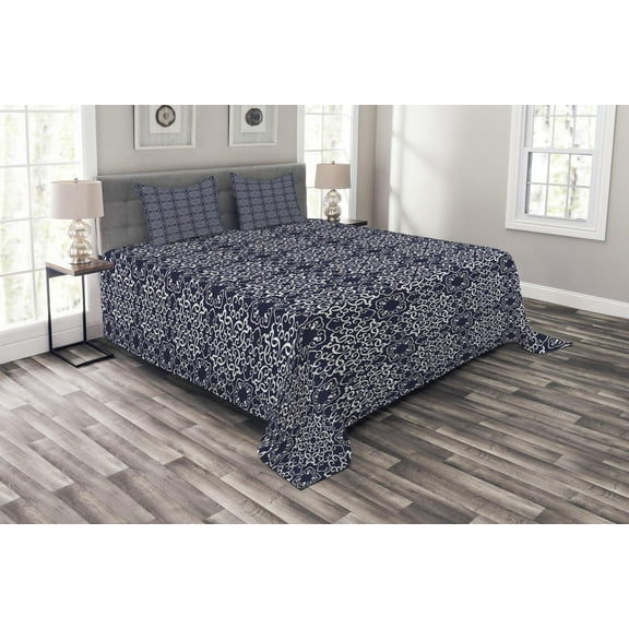 Ambesonne Navy Blue Quilted Bedspread Set 3 Pcs, Eastern Curlicues, King Size, Navy Blue White