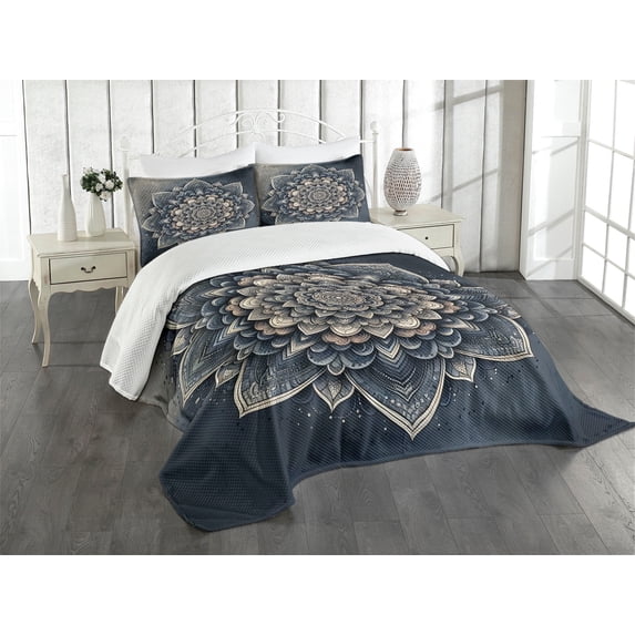 Ambesonne Navy Blue Quilted Bedspread Set 3 Pcs, Exotic Mysterious Mandala, Queen Size, Night Blue Dimgray Ecru