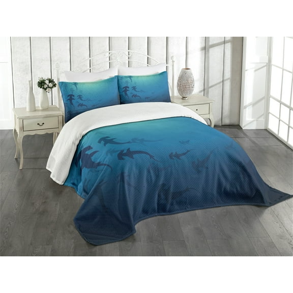 Ambesonne Navy Blue Quilted Bedspread Set 3 Pcs, Hammerhead Shark, King Size, Navy Blue
