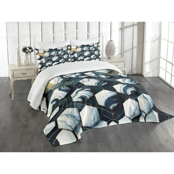 Ambesonne Navy Blue Quilted Bedspread Set 3 Pcs, Marble Honeycomb Print, Queen Size, Dark Slate Blue Grey