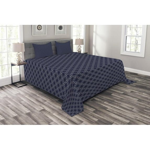 Ambesonne Navy Blue Quilted Bedspread Set 3 Pcs, Marine Circles Motif, King Size, Navy Blue White