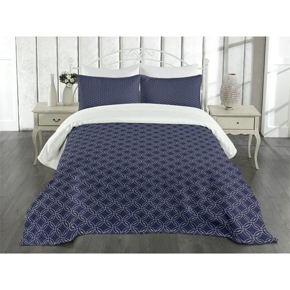 Ambesonne Navy Blue Quilted Bedspread Set 3 Pcs, Marine Circles Motif, Queen Size, Navy Blue White