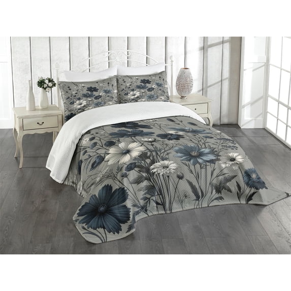 Ambesonne Navy Blue Quilted Bedspread Set 3 Pcs, Monochromatic Wildflowers, Queen Size, Coconut Dark Petrol Blue