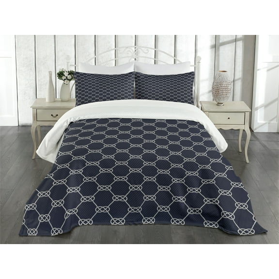 Ambesonne Navy Blue Quilted Bedspread Set 3 Pcs, Navy Inspired Knot, Queen Size, Dark Blue Cream