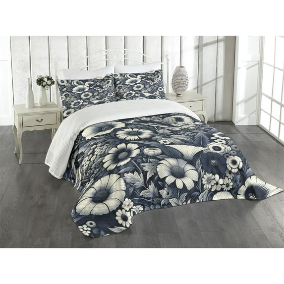 Ambesonne Navy Blue Quilted Bedspread Set 3 Pcs, Night Floral Garden Print, King Size, Coconut Dark Slate Blue