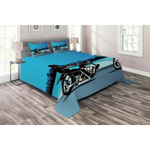 Ambesonne Navy Blue Quilted Coverlet 3 Pcs, Chopper Motorcycle, King Size, Black Navy