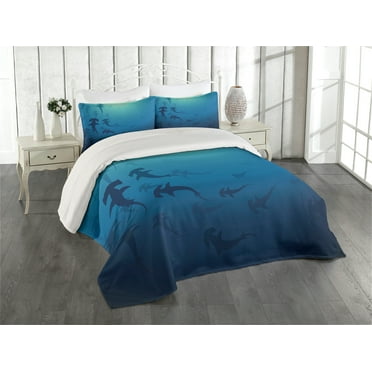 Ambesonne Navy Blue Quilted Coverlet 3 Pcs, Hammerhead Shark, Queen Size, Navy Blue