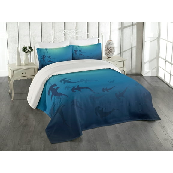 Ambesonne Navy Blue Quilted Coverlet 3 Pcs, Hammerhead Shark, Queen Size, Navy Blue