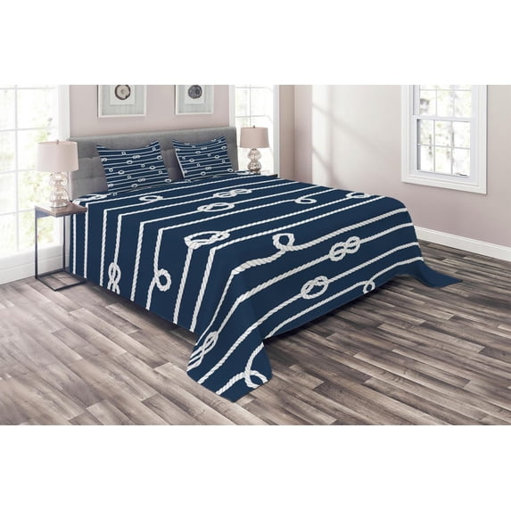 Ambesonne Navy Blue Quilted Coverlet 3 Pcs, Sailor Knots Marine, King Size, White and Blue