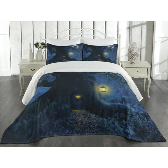 Ambesonne Navy Blue Quilted Coverlet 3 Pcs, Tree in Woods, Queen Size, Navy Blue