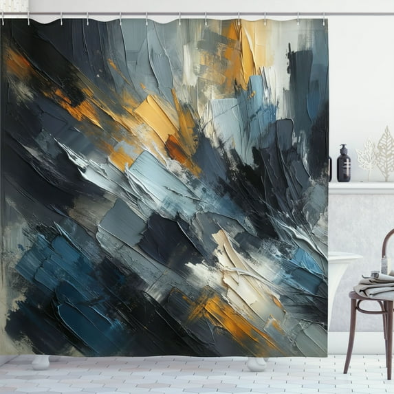 Ambesonne Navy Blue Shower Curtain, Abstract Brushstroke Art, 69"Wx70"L, Blue Grey Dimgray Orange