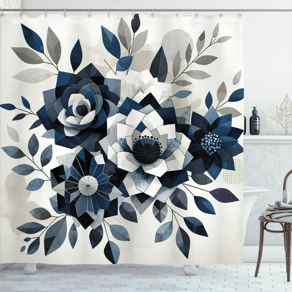 Ambesonne Navy Blue Shower Curtain, Boho Monochrome Flowers, 69"Wx70"L, Dark Petrol Blue Coconut