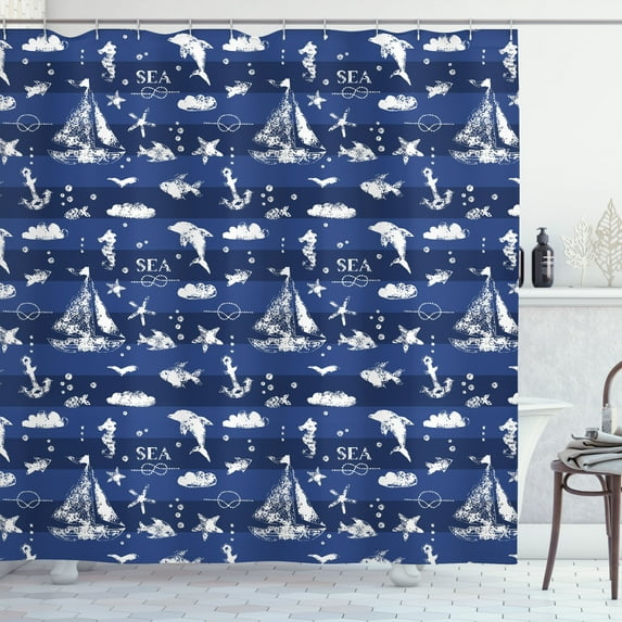 Ambesonne Navy Blue Shower Curtain, Grunge Anchor Ship, 69"Wx84"L, Blue White