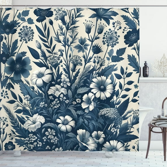 Ambesonne Navy Blue Shower Curtain, Monochromatic Boho Daisy, 69"Wx84"L, Dark Slate Blue Coconut
