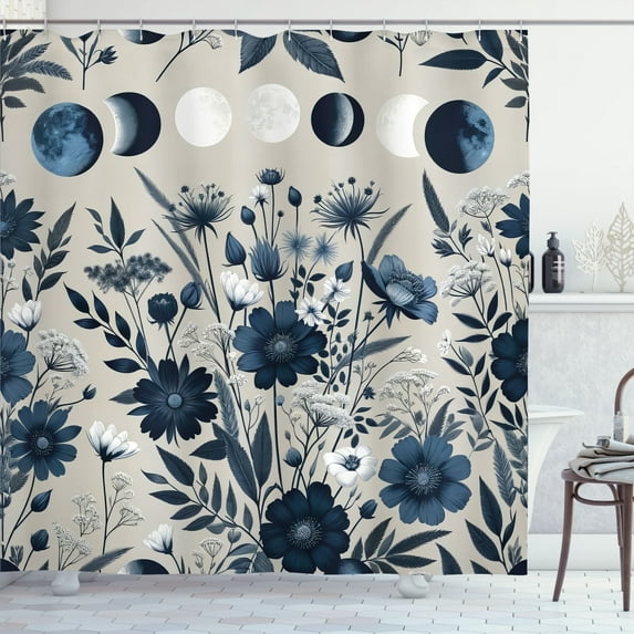 Ambesonne Navy Blue Shower Curtain, Moon Phases and Flowers, 69"Wx75"L, Night Blue Pale Grey