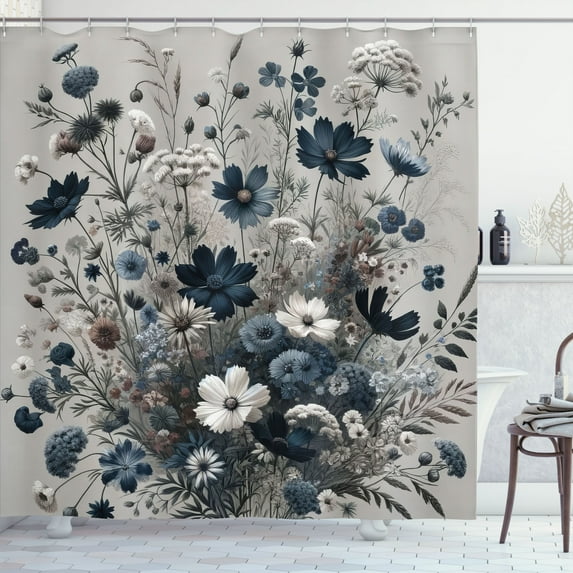 Ambesonne Navy Blue Shower Curtain, Wildflowers Monochrome, 69"Wx84"L, Petrol Blue Coconut
