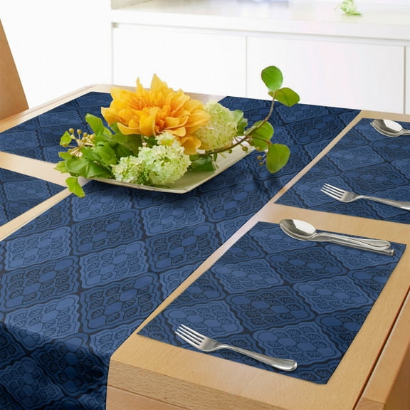 Ambesonne Navy Blue Table Runner & Placemats, Damask Weaving Designs, Placemat 4 pcs + Runner 12"x72", Indigo