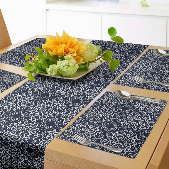 Ambesonne Navy Blue Table Runner & Placemats, Eastern Curlicues, Placemat 4 pcs + Runner 12"x72", Navy Blue White