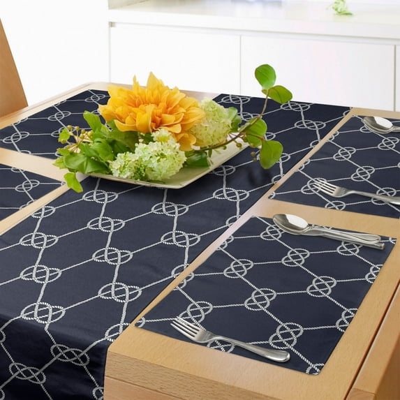 Ambesonne Navy Blue Table Runner & Placemats, Navy Inspired Knot, Placemat 4 pcs + Runner 16"x90", Dark Blue Cream