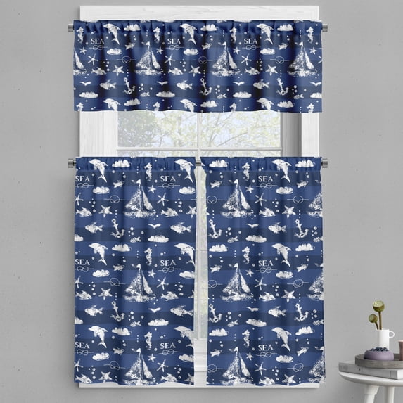 Ambesonne Navy Blue Valance & Curtain, Grunge Anchor Ship, 55"x36", Blue White