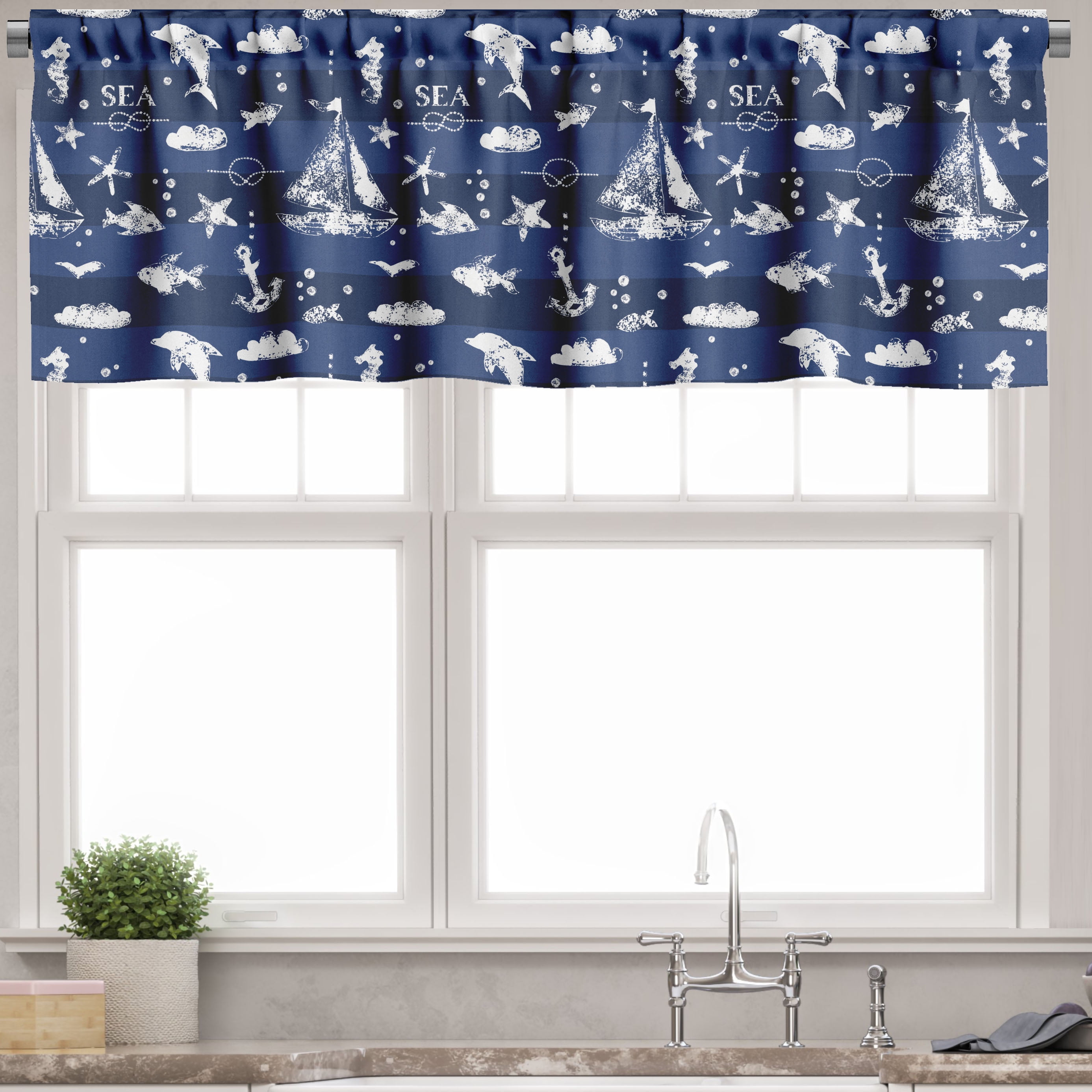 Ambesonne Navy Blue Window Valance, Grunge Anchor Ship, 54" X 12", Blue White