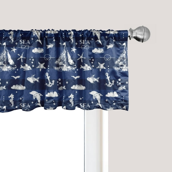 Ambesonne Navy Blue Window Valance, Grunge Anchor Ship, 54" X 18", Blue White