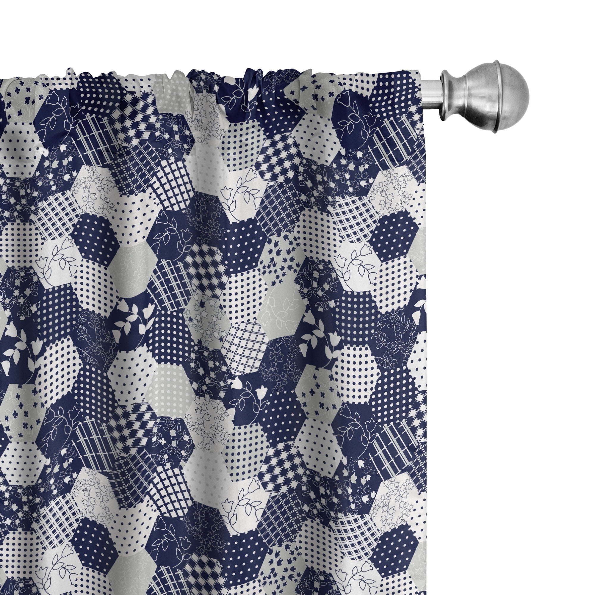 Navy and White Patchwork Rod Pocket Light Filtering Curtain Panels
