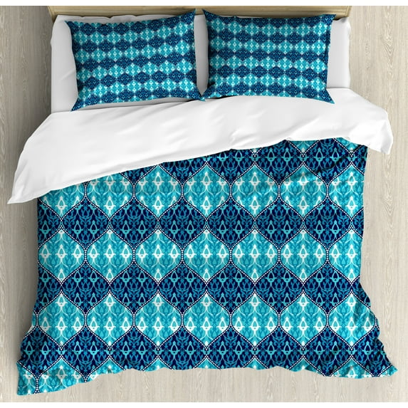 Ambesonne Navy Duvet Cover Sets, Patchwork Style Oriental, 2-King, Pale Blue Dark Blue