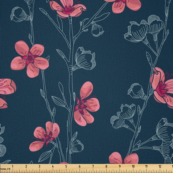 Ambesonne Navy Fabric by the Yard Microfiber, Repeating Cherry Flowers Art, 2 Yards, Dark Violet Blue and Coral