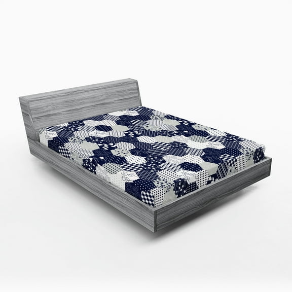 Ambesonne Navy Fitted Sheet 2 Pcs Set, Patchwork Style Dots Star, California King, Navy and White