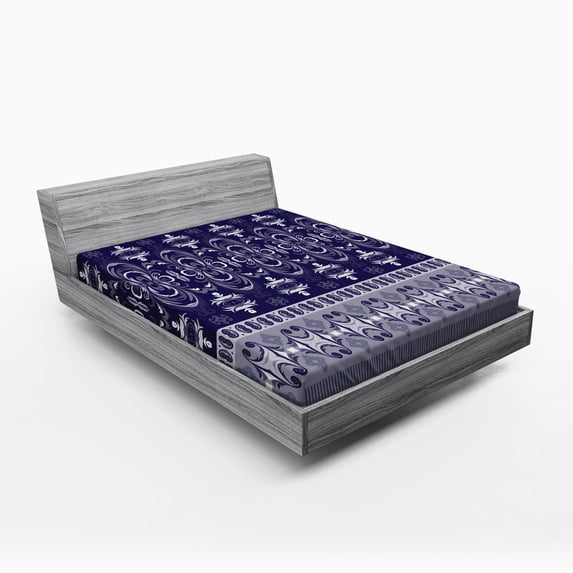 Ambesonne Navy Fitted Sheet, Floral Horizontal, Full Size, Pale Blue Dark Blue