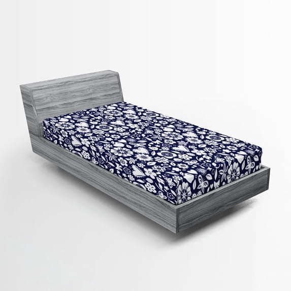 Ambesonne Navy Fitted Sheet, Heart Butterflies Leafs, Twin Size, Navy Blue and White