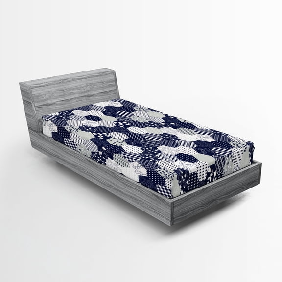 Ambesonne Navy Fitted Sheet, Patchwork Style Dots Star, Twin Size, Navy and White