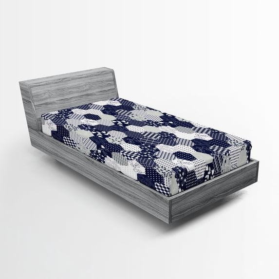 Ambesonne Navy Fitted Sheet, Patchwork Style Dots Star, Twin XL Size, Navy and White