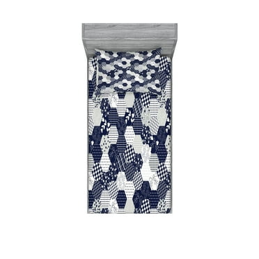 Ambesonne Navy Fitted Sheet & Pillow Sham Set, Patchwork Style Dots Star, Twin, Navy and White