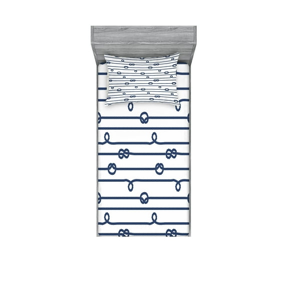 Ambesonne Navy Fitted Sheet & Pillow Sham Set, Sea Marine Nautical Knots, Twin, Navy Blue and White
