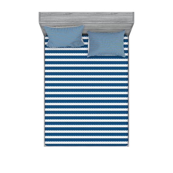 Ambesonne Navy Fitted Sheet & Pillow Sham Set, Stripes Pattern, Full, Blue and White