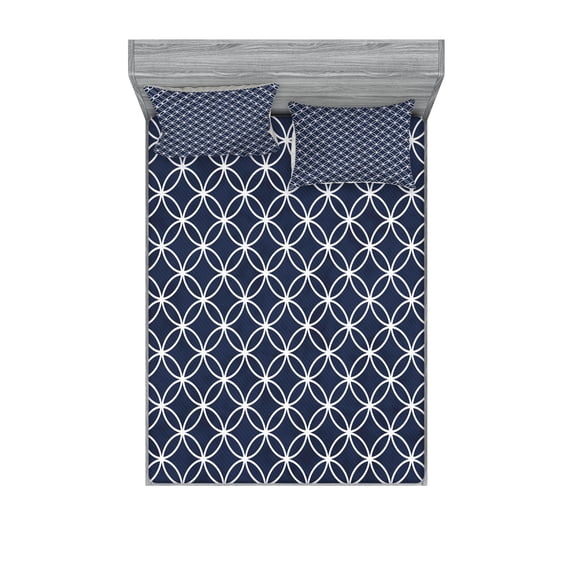 Ambesonne Navy Fitted Sheet & Pillow Sham Set, Trellis Inspired Circles, Queen, Indigo and White