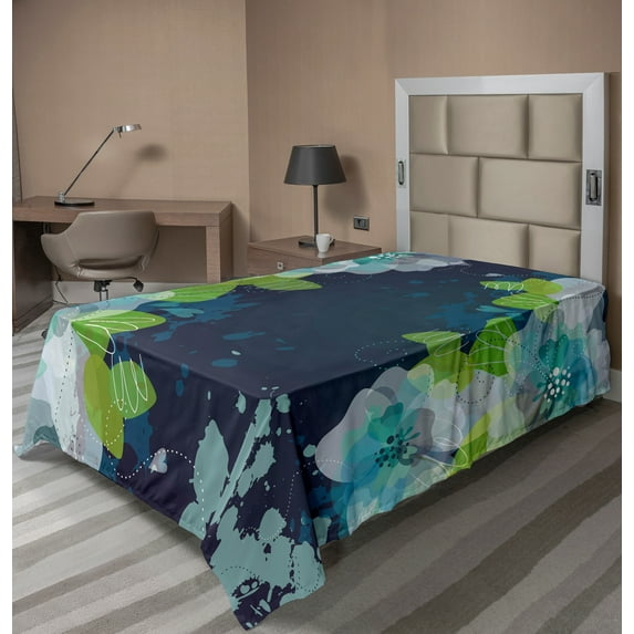 Ambesonne Navy Flat Sheet, Grunge Abstract Flowers, Twin Size, Pale Green Navy Blue