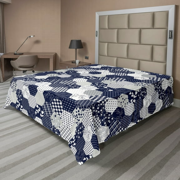 Ambesonne Navy Flat Sheet, Patchwork Style Dots Star, California King, Navy and White