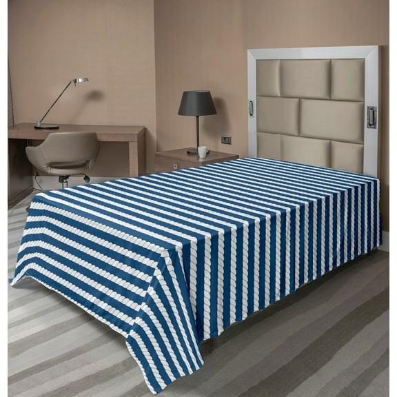 Ambesonne Navy Flat Sheet, Stripes Pattern, TwinXL Size, Blue and White
