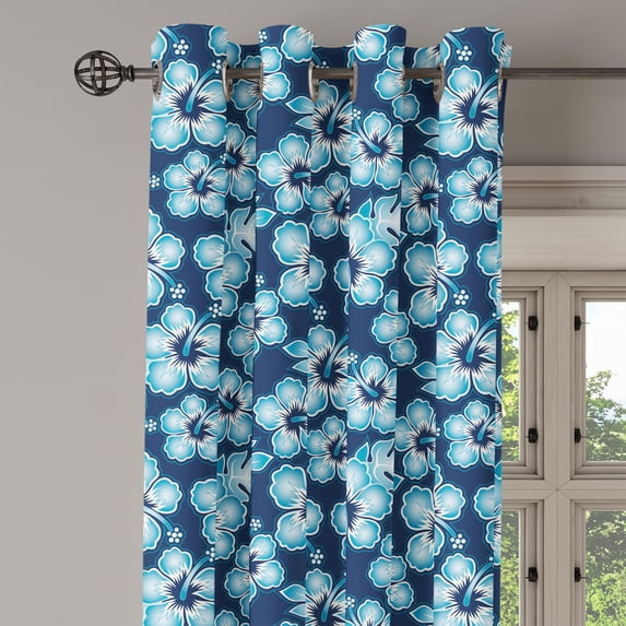 Ambesonne Navy Grommet Curtain Single Panel, Hibiscus Hawaiian Flowers, 50"x60", Dark Blue and Sky Blue