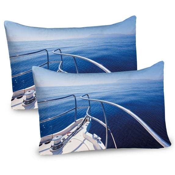 Ambesonne Navy Pillow Sham 2 Pack, Boat Yacht Ocean Scenery, 30"x20", Navy Blue and White
