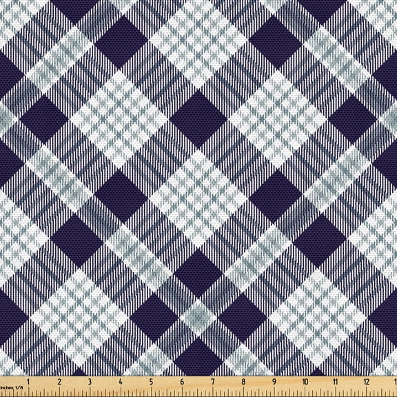 Ambesonne Navy Plaid Fabric by the Yard Upholstery, Simple Classic Fashion, 3 Yards, Blue Grey Sea Green