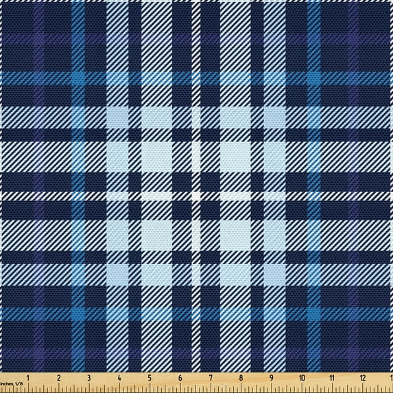 Ambesonne Navy Plaid Fabric by the Yard Upholstery, Striped Overlapped Motif, 1 Yard, Sea Blue Pale Blue