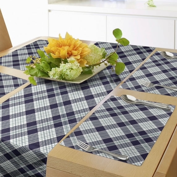 Ambesonne Navy Plaid Table Runner & Placemats, Simple Classic Fashion, Placemat 4 pcs + Runner 16"x90", Blue Grey Sea Green
