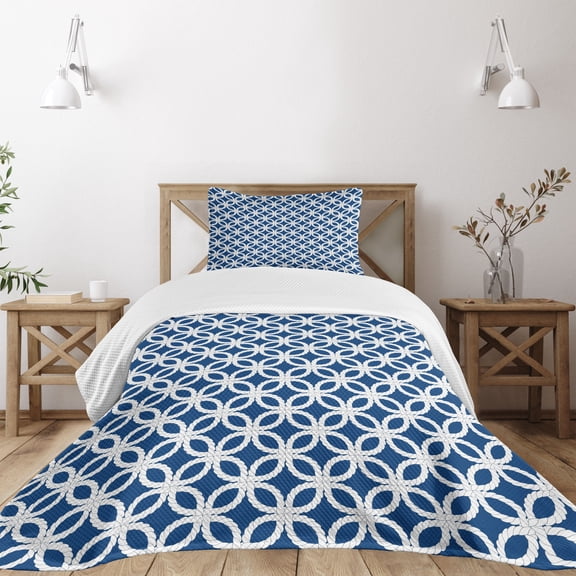 Ambesonne Navy Quilted Bedspread Set 2 Pcs, Marine Life Woven Composition, Twin Size, Navy Blue and White