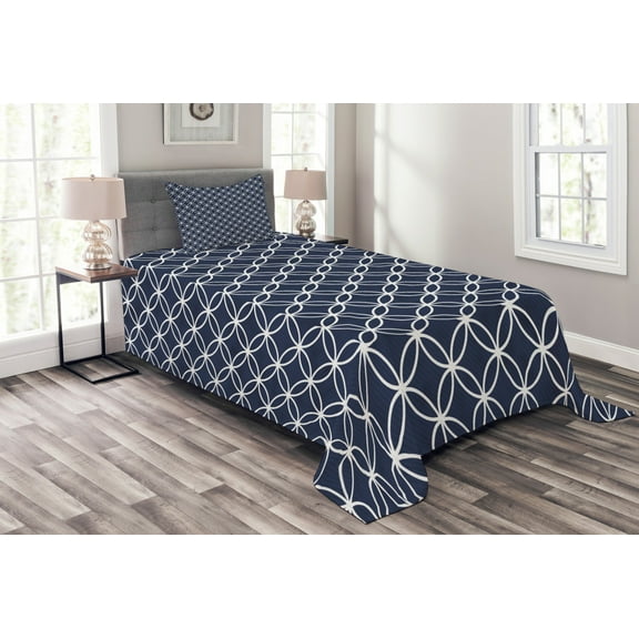 Ambesonne Navy Quilted Bedspread Set 2 Pcs, Trellis Inspired Circles, Twin Size, Indigo and White